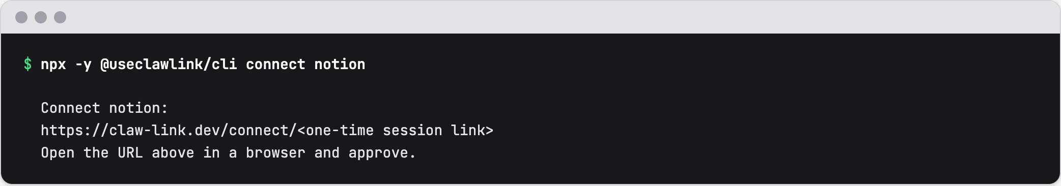 Terminal output of clawlink connect notion printing a one-time claw-link.dev connect link to open in a browser