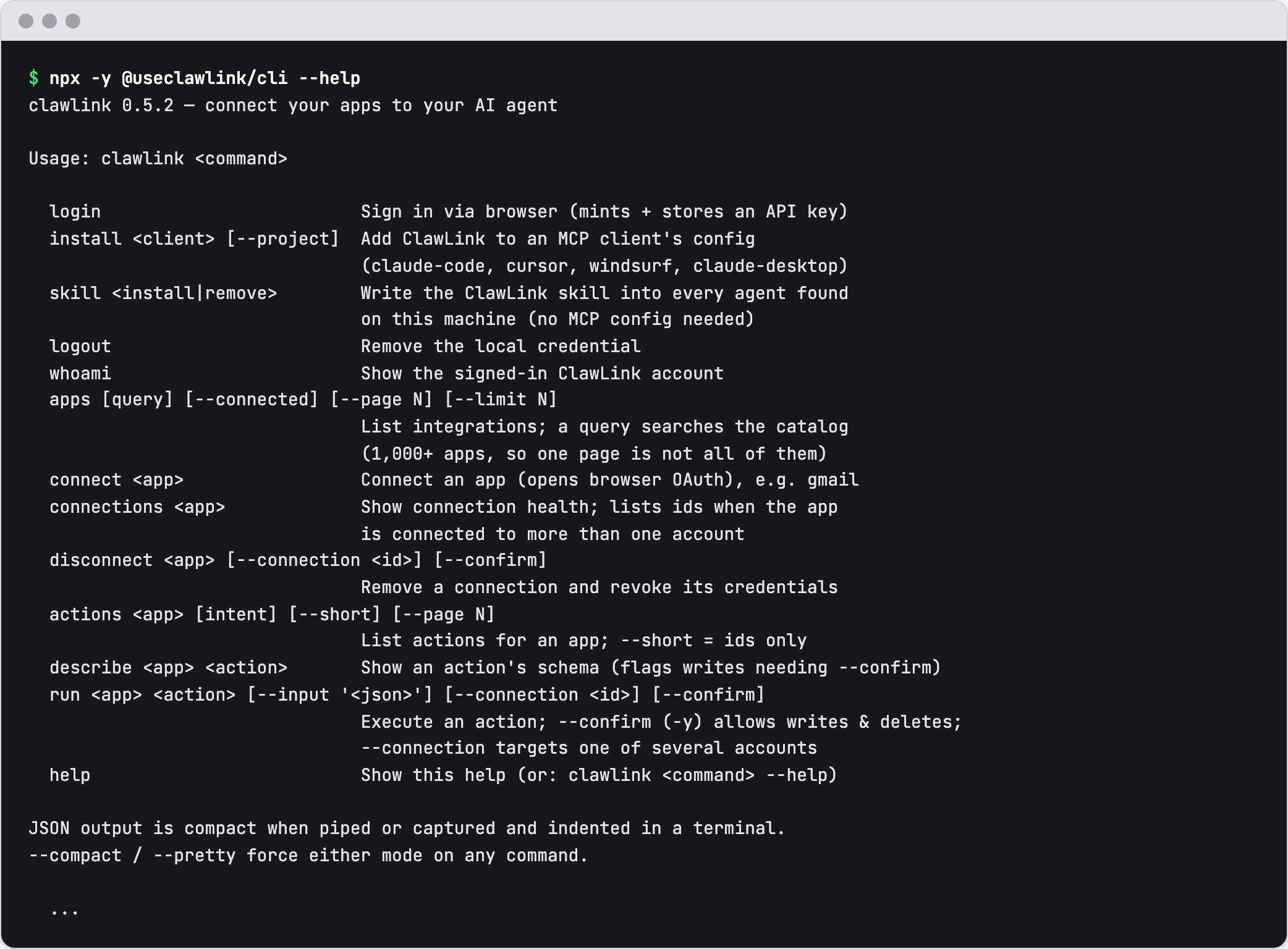 Terminal output of npx -y @useclawlink/cli --help listing login, install, apps, connect, connections, disconnect, actions, describe and run