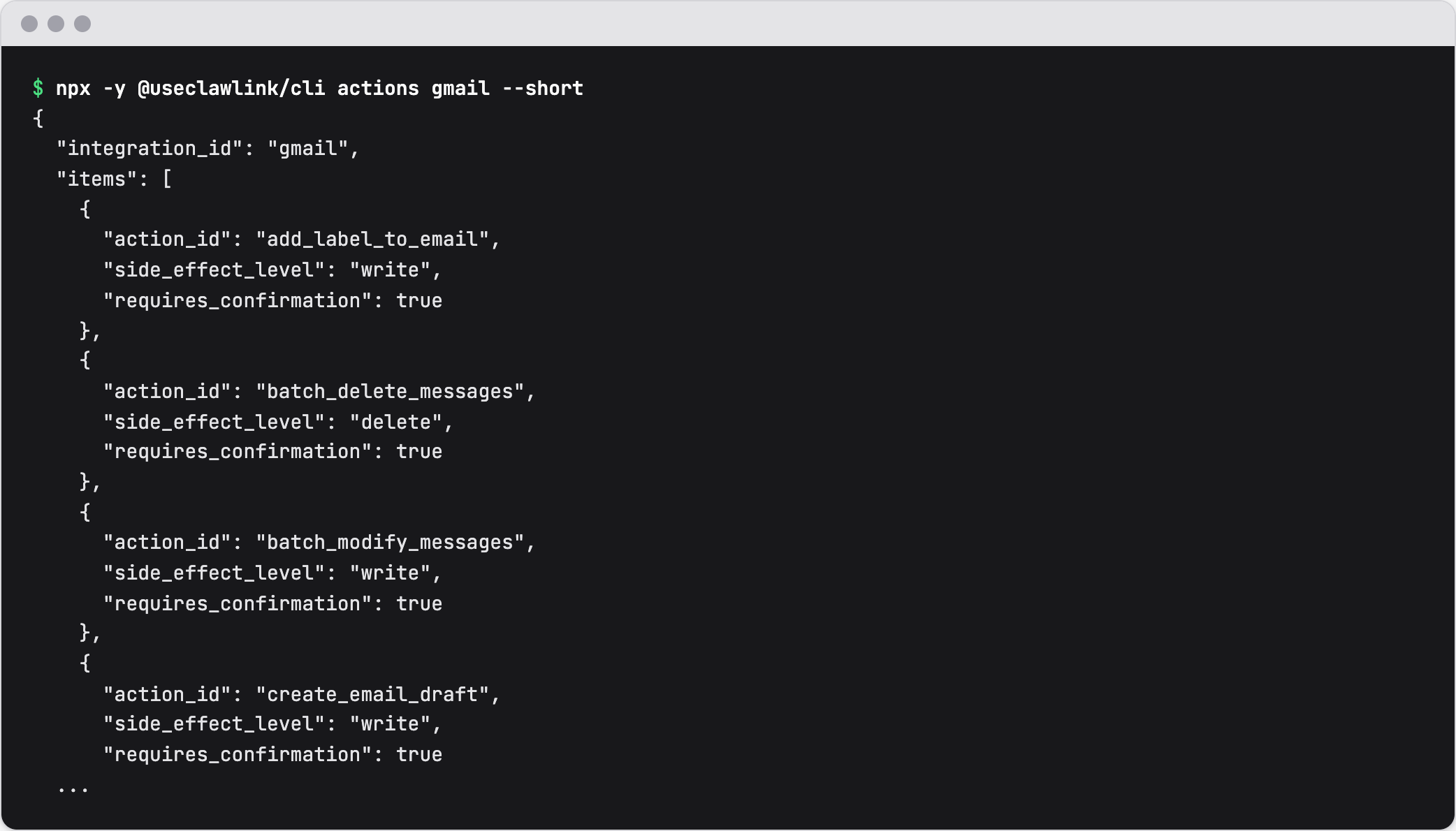 Terminal output of clawlink actions gmail --short: Gmail actions with a side_effect_level of read, write or delete and a requires_confirmation flag