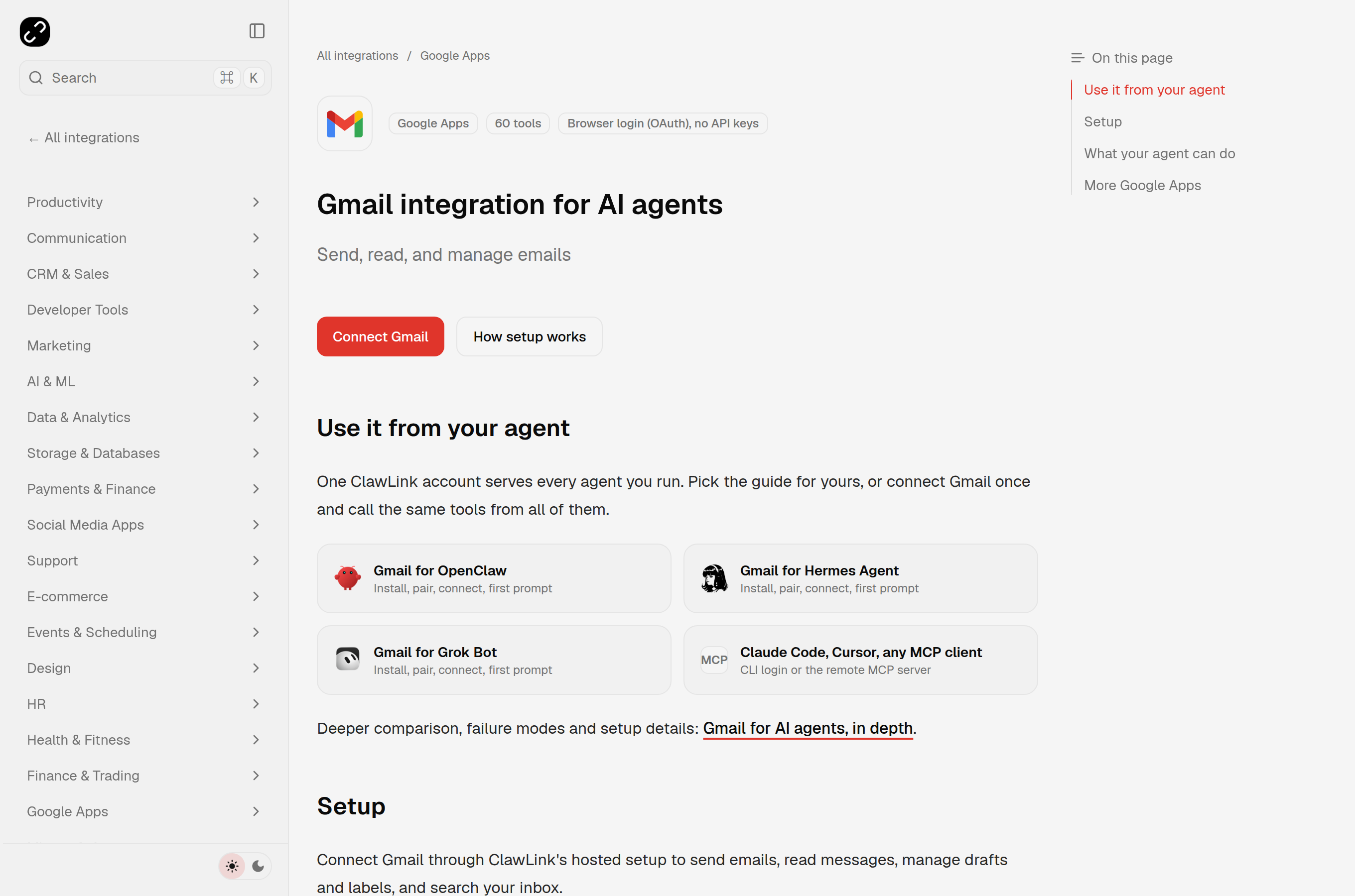 The Gmail integration page on ClawLink showing 60 tools, browser login, and setup guides for OpenClaw, Hermes, Grok Bot, and any MCP client