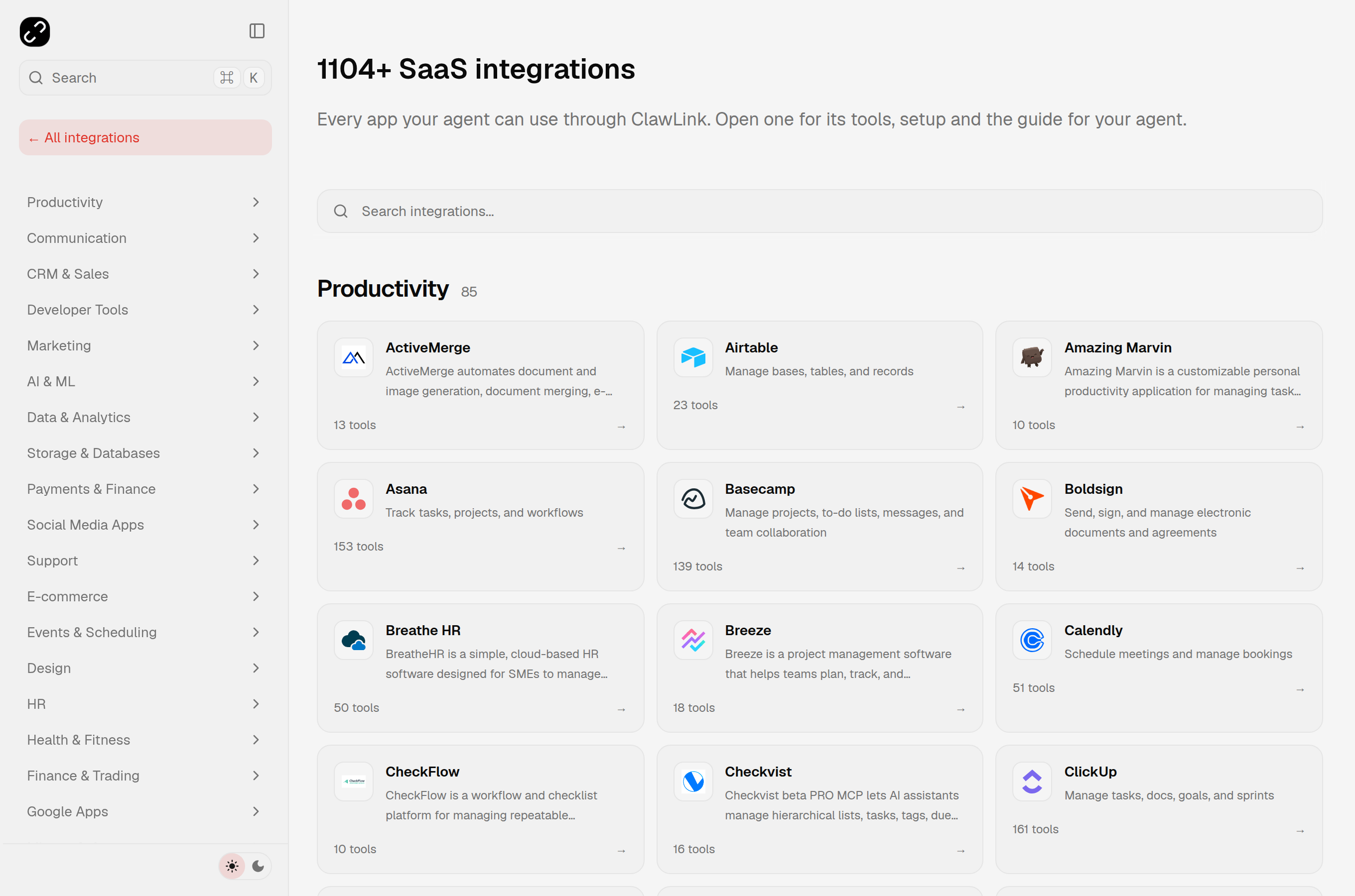 The ClawLink integration catalog showing 1104+ SaaS integrations grouped by category, with tool counts on each card