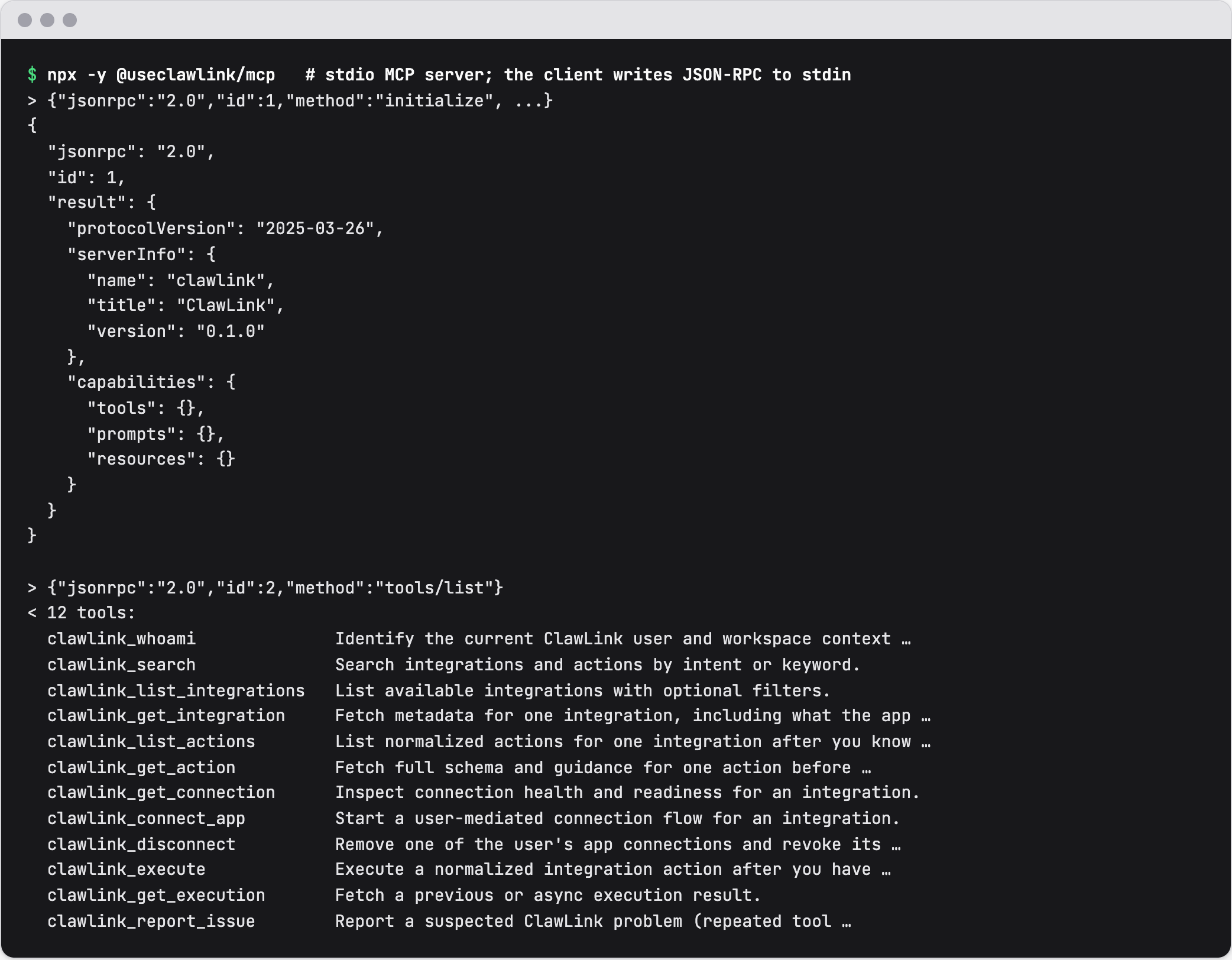 Terminal output of the ClawLink MCP server over stdio: the initialize response with serverInfo and capabilities for tools, prompts and resources, then tools/list returning 12 tools