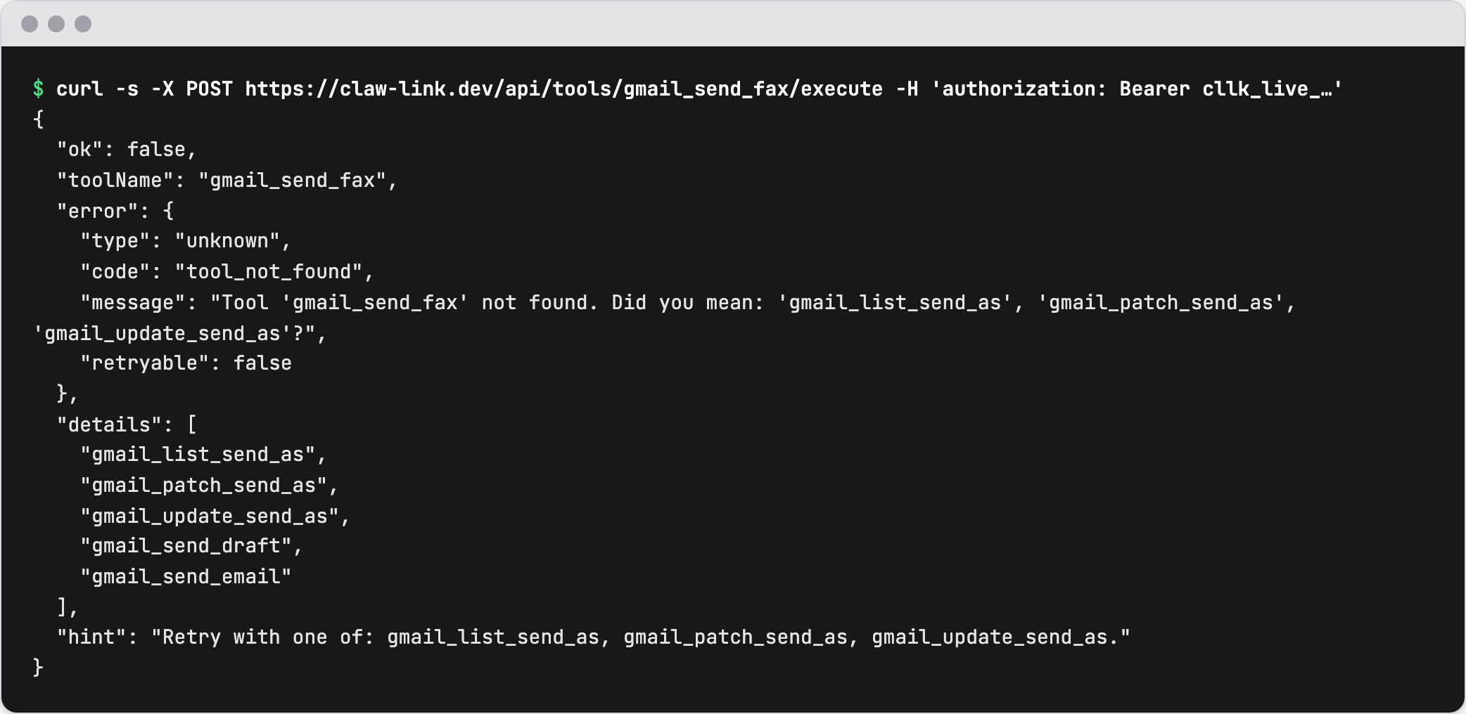 Terminal output of a POST to /api/tools/gmail_send_fax/execute, the endpoint the OpenClaw plugin calls, returning tool_not_found with suggested tool names and a hint