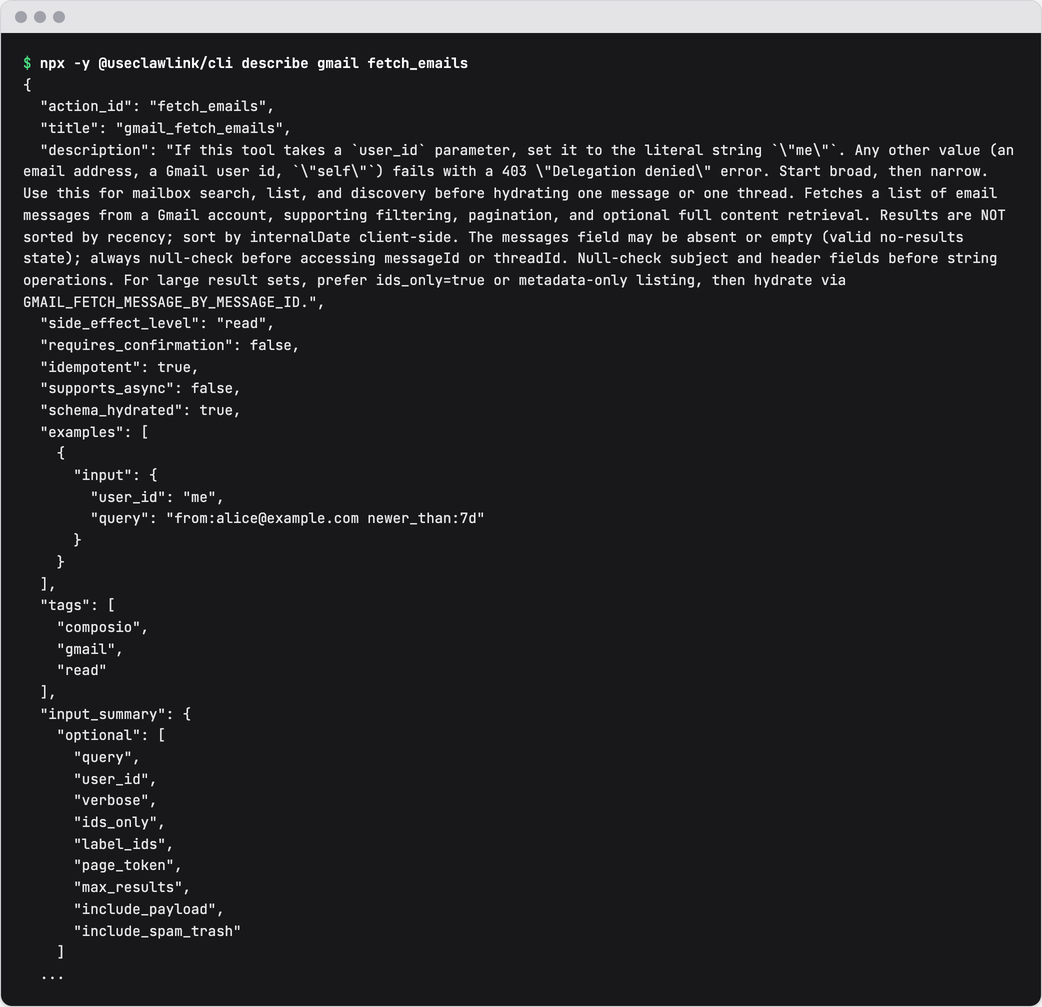 Terminal output of clawlink describe gmail fetch_emails: the tool description, side_effect_level read, an example input and the input fields