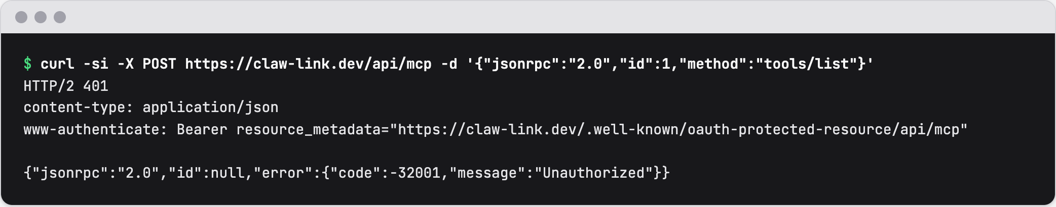 Terminal output of an unauthenticated POST to https://claw-link.dev/api/mcp: HTTP 401 with a WWW-Authenticate header pointing to the protected resource metadata URL