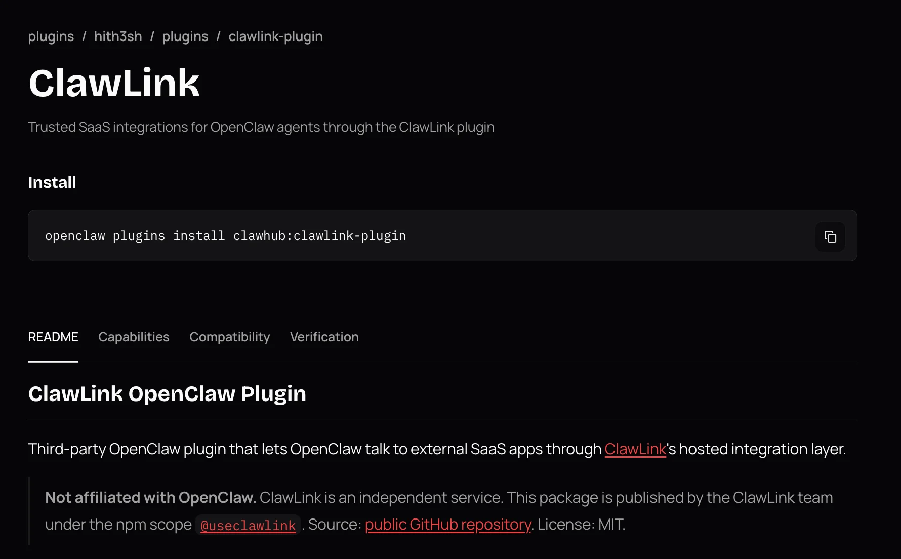 The clawlink-plugin listing on ClawHub, showing the install command and README, Capabilities, Compatibility, and Verification tabs.