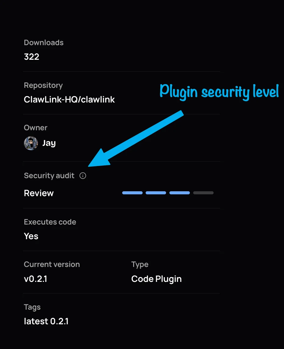 ClawHub plugin sidebar showing security audit at the Review level (3 of 4 bars), repository ClawLink-HQ/clawlink, and current version v0.2.1.